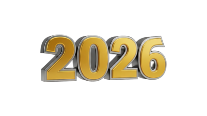 Golden 3D Numbers 2026 on White Background