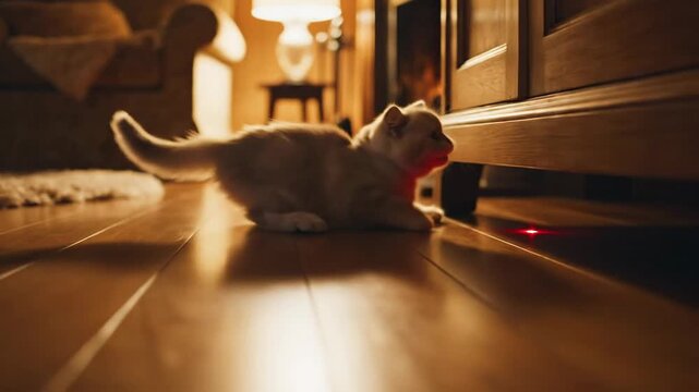 Playful Kitten Chasing Laser Pointer Across Polished Floor