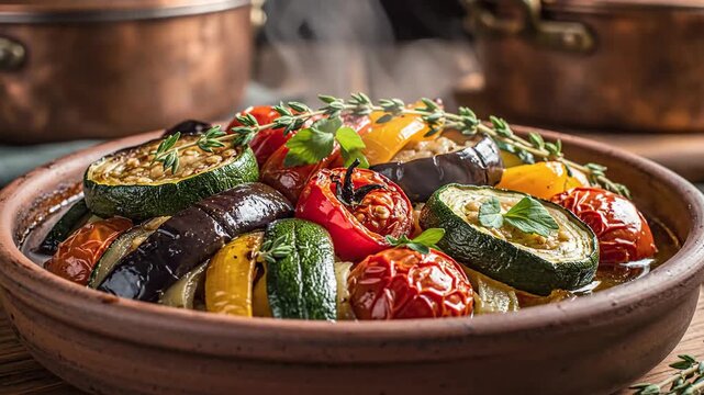 Close up of a colorful cooked vegetable dish on a rustic ceramic plate