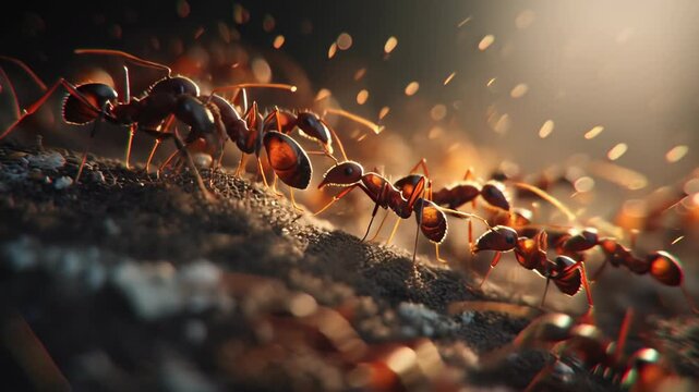 Macro View of Ants Marching in a Line on a Branch.