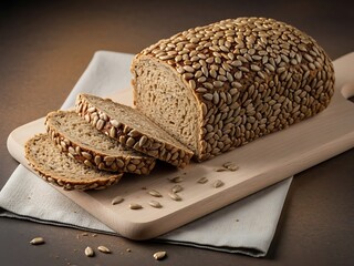 A loaf of whole grain bread with sesame seeds sliced on a wooden cutting board
