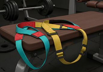 Multicolored weightlifting straps resting on a gym bench. Colorful exercise accessories laid out for use during a workout session.