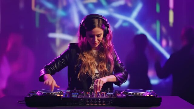 A woman wearing headphones and a black jacket is DJing at a club, with bright neon lights