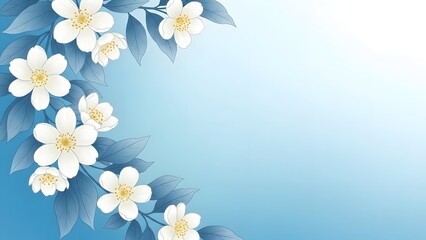 White flowers on blue gradient background with leaves
