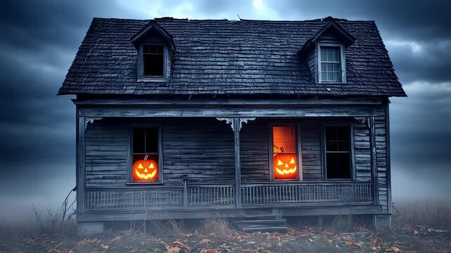 Spooky, weathered wooden house with carved pumpkins in windows under a dark, cloudy sky