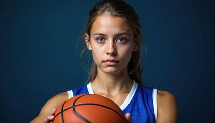 Young female basketball player holds a ball with determined expression. She stands confidently facing the camera in a studio setting. The image highlights athletic skill and youthful energy.