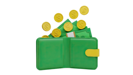 Green wallet overflowing with cash and coins