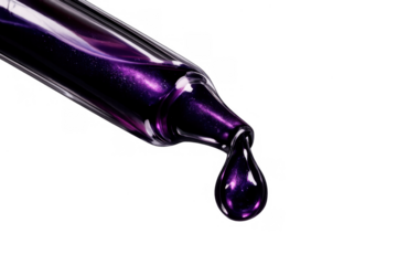 Dropper tip dispensing a sparkling purple serum drop, applying essential skincare solution, transparent background