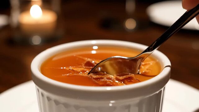 Close up of dessert in white ramekin with spoon and candle in background