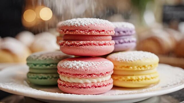 Close up of assorted colorful macarons on a white plate