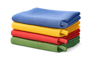 Stack of colorful microfiber cloths for cleaning, kitchen laundry, and household chores on transparent background