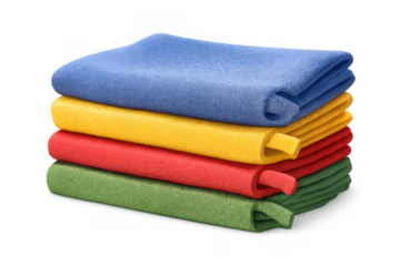 Stack of colorful microfiber cloths for cleaning, kitchen laundry, and household chores on transparent background