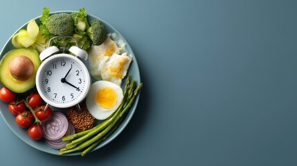 A plate filled with fresh vegetables, eggs, and an alarm clock on a blue surface, suggesting a healthy eating schedule