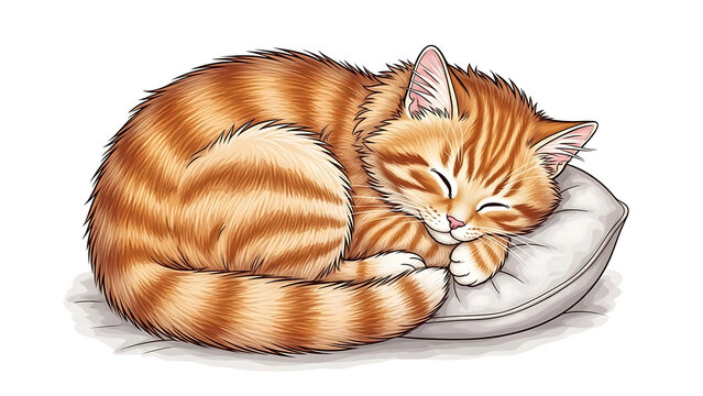Peaceful orange tabby cat curled up asleep on a pillow. Adorable kitten vector illustration isolated on white.