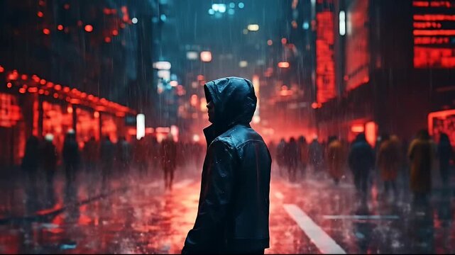 A person in a hood stands alone in a crowded city street at night with red neon lights reflecting on the wet pavement