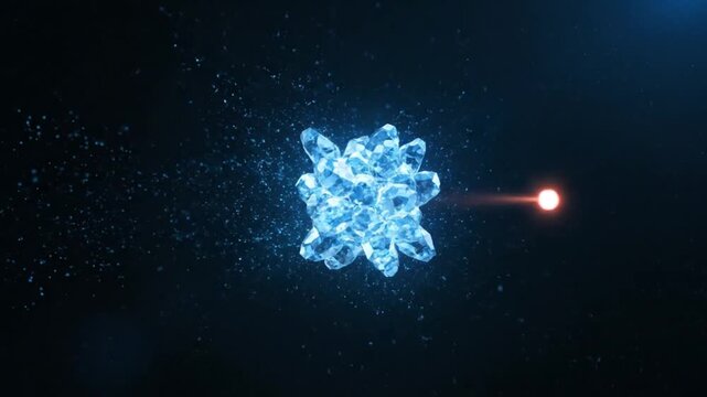 Dynamic Blue Light Energy Beam Interacting with Futuristic Crystal Cluster