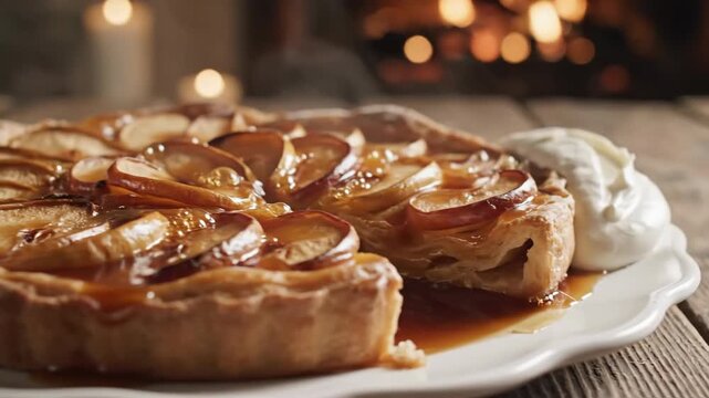 Close up view of baked apple tart on a white plate with soft lighting
