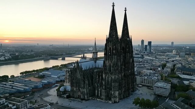 Majestic aerial view of Cologne Cathedral at sunrise, showcasing its iconic Gothic spires against a radiant sky, with the Rhine River and historic city panorama below.
