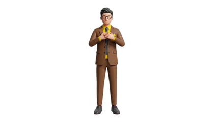 3D Business Man in Brown Suit with Hands Clasped