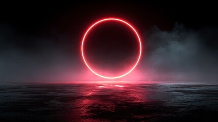 A glowing red neon circle hovers above a reflective surface, enveloped in a mysterious, smoky atmosphere. Abstract and futuristic