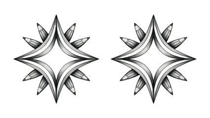 Geometric Symmetry: Two abstract stars mirror each other, composed of precisely rendered, radiating elements that evoke an aura of balanced and intricate design.