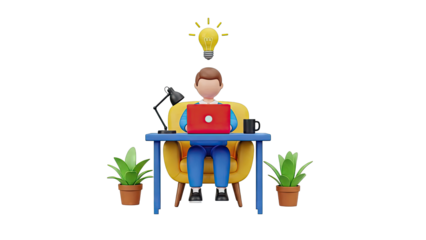 3D character with laptop and glowing lightbulb symbolizing an idea