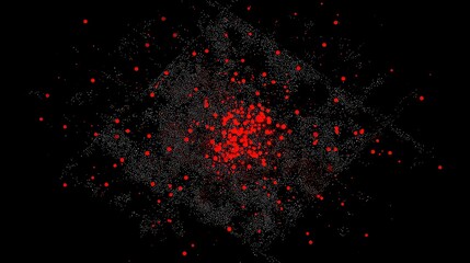 Abstract digital art piece featuring a central cluster of glowing red dots surrounded by diffused, grey speckles against a dark background