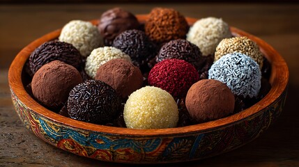 Delicious gourmet chocolate easter eggs and sweet cocoa truffles are arranged in a brown basket for a tasty dessert snack