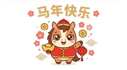 Naklejka premium Happy Year of the Horse Vector Graphic, Cute Chinese New Year Mascot Design
