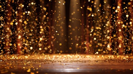 A stage with a wooden floor, red curtains, and shimmering gold confetti falling. Warm light beams down