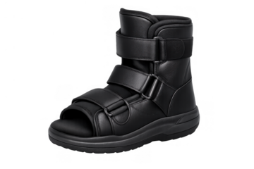 Black orthopedic boot providing support for ankle or foot injuries, aiding rehabilitation and stability for patients on transparent background