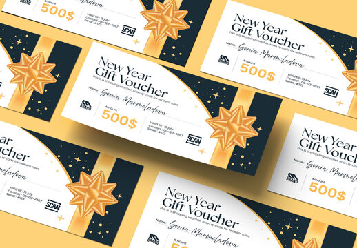 Luxury New Year Gift Voucher Design Template With Golden Bow