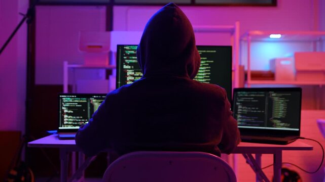 Hacker scammer coding trojan or computer virus to hacking security system break secret organization system. 
