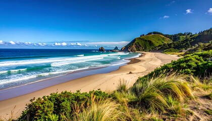 Sunny beach scene with sand, ocean waves, and green hills