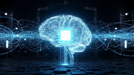 AI concept of a glowing human brain with a microchip inside, representing artificial intelligence and advanced technology