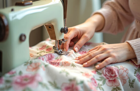 Woman hands sew floral fabric pattern with vintage sewing machine. Dressmaking process using needle, thread, textile. Craft hobby, fashion, tailor work.