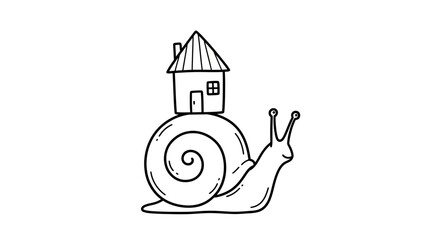 Hand-drawn illustration of a snail carrying a house on its back symbolizing home ownership and © saipur