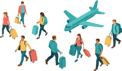 Isometric airport travel illustration, passengers walking with luggage, airplane departure concept, tourism business travel scene, modern transportation design © Md Golam Shahariyar