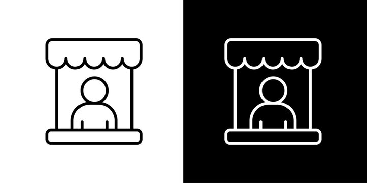 Modern outline icon depicting a market stall or vendor booth with a person working behind the counter, suitable for e-commerce, retail, and local business concepts