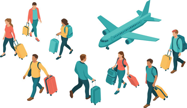 Isometric airport travel illustration, passengers walking with luggage, airplane departure concept, tourism business travel scene, modern transportation design