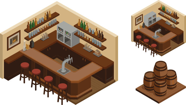Isometric bar interior illustration, wooden pub counter with stools, bottles shelves and barrels, cozy tavern restaurant design concept