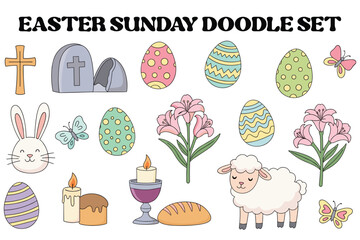 Easter Sunday Doodle Illustration Set with Religious and Spring Elements