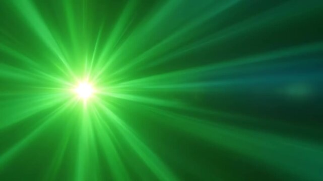 Vibrant green light radiates from a central point, illuminating the surrounding area with intense rays