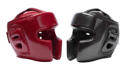 Red and black boxing headgear protective helmet isolated for combat sports training sparring safety equipment martial arts competition professional on white background