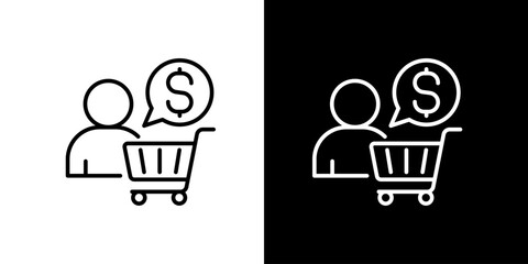 Illustration of a buyer with a shopping cart and speech bubble with dollar sign, isolated icon on white and black backgrounds © Tifany