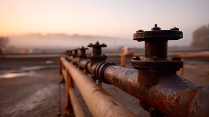 Fototapeta premium Rusty industrial pipes with valves at dawn in foggy mist