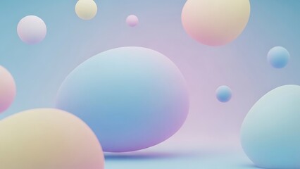 Abstract Easter egg shapes with soft pastel colors, floating in a light blue and pink gradient background with a bokeh effect, perfect for holiday themes