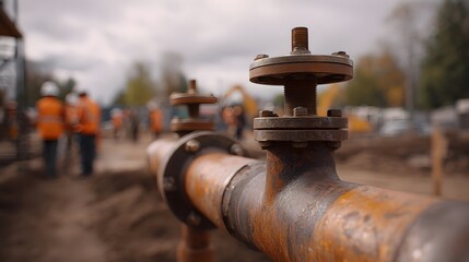 Fototapeta premium Close up of a rusty industrial pipeline with a valve on a construction site with workers in the background
