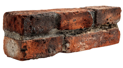 Stacked old red bricks with cement mortar representing construction material building industry architecture renovation concept on white background