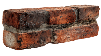 Stacked old red bricks with cement mortar representing construction material building industry architecture renovation concept on white background
